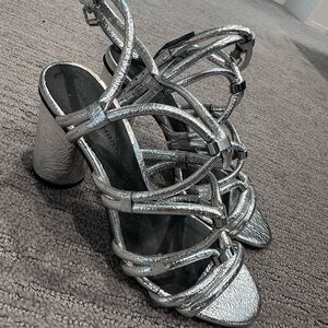 Rebecca Minkoff Metallic Silver Multi-Strap Block Heel Sandals